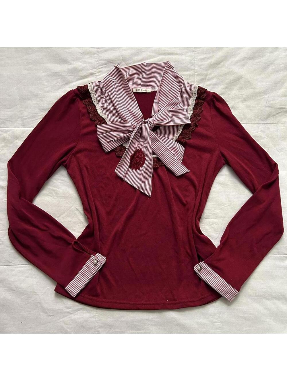 Axes Femme Cherry Red Bow Blouse Long Sleeve Lolita Preppy M Japan